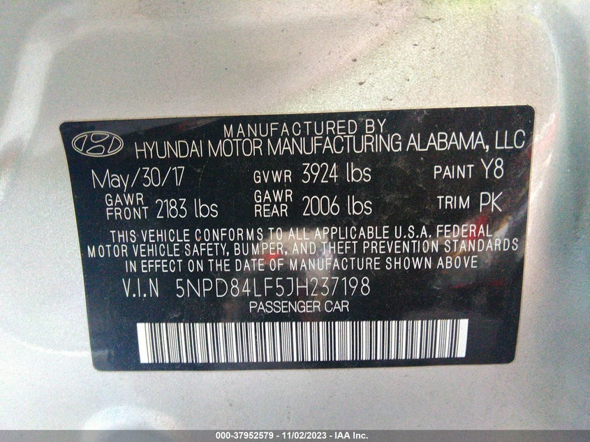 VIN 5NPD84LF5JH237198 2018 HYUNDAI ELANTRA SEL