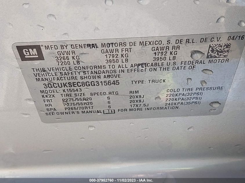 2016 CHEVROLET C1500 3GCUCS3C8GG315645