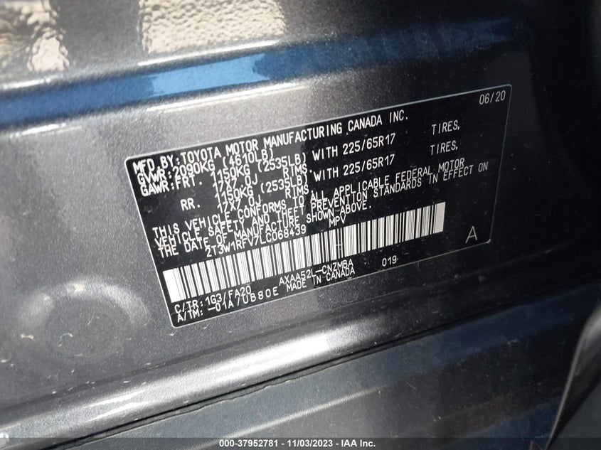 VIN 2T3W1RFV7LC068439 2020 TOYOTA RAV4 XLE/XLE PREMIUM