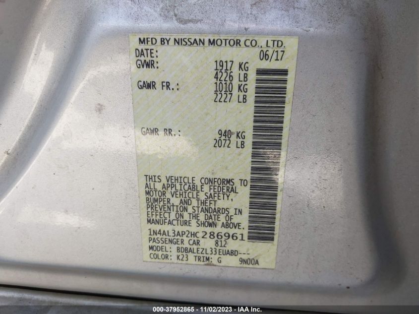 2017 NISSAN ALTIMA 2.5/S/SV/SL/SR - 1N4AL3AP2HC286961