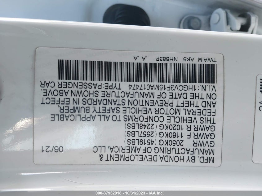VIN 1HGCV3F15MA017474 2021 HONDA ACCORD HYBRID