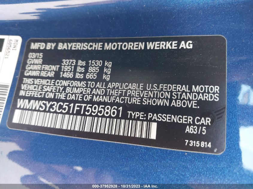 2015 MINI COOPER ROADSTER S - WMWSY3C51FT595861
