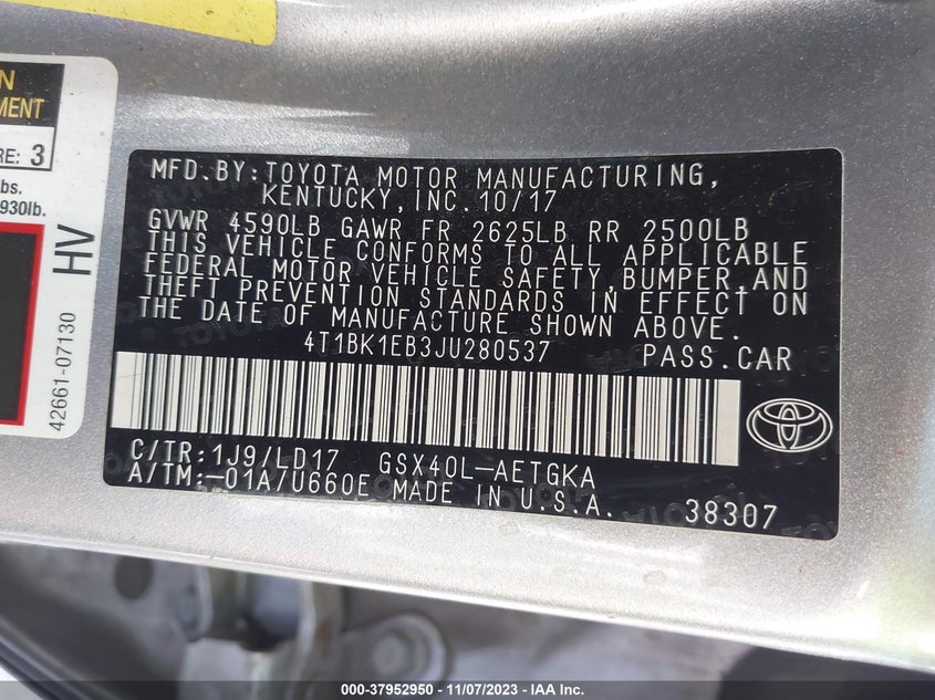 VIN 4T1BK1EB3JU280537 2018 TOYOTA AVALON XLE