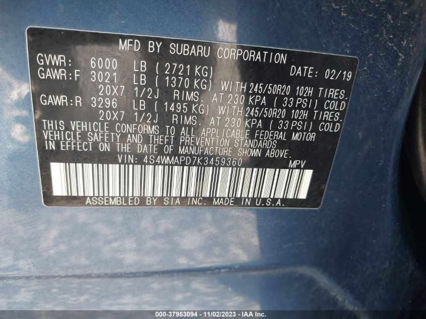2019 SUBARU ASCENT LIMITED - 4S4WMAPD7K3459360