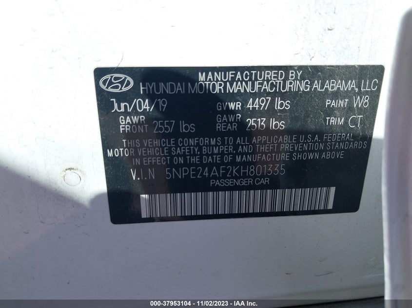 VIN 5NPE24AF2KH801335 2019 HYUNDAI SONATA SE