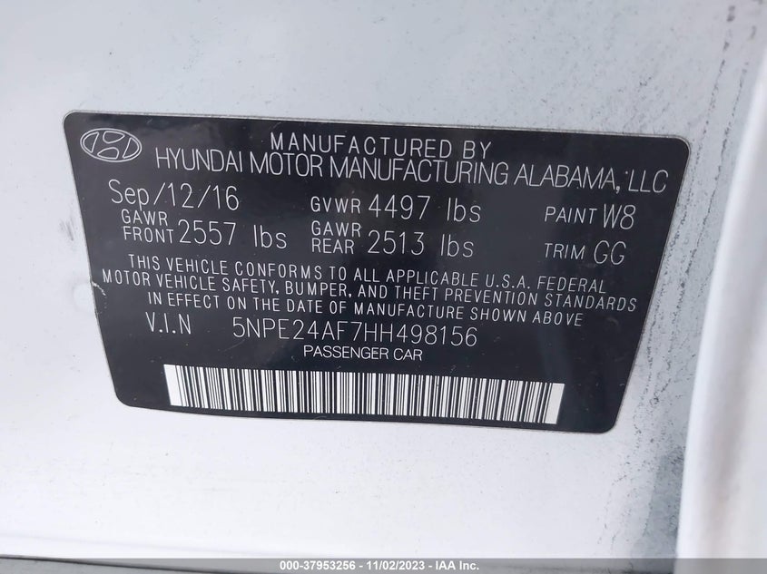 VIN 5NPE24AF7HH498156 2017 HYUNDAI SONATA SE