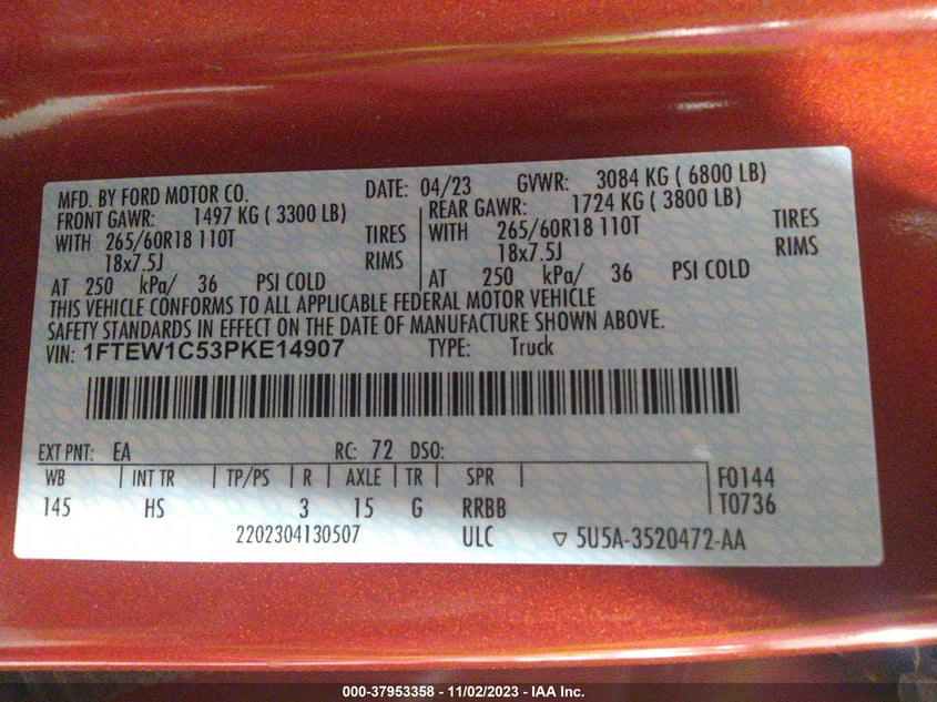 VIN 1FTEW1C53PKE14907 2023 FORD F-150 LARIAT