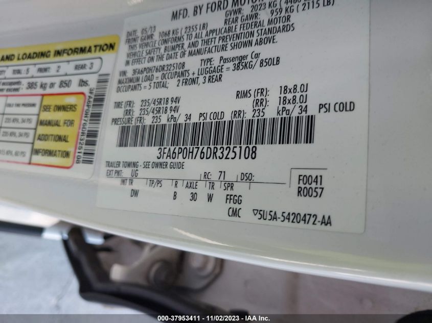 2013 FORD FUSION SE - 3FA6P0H76DR325108