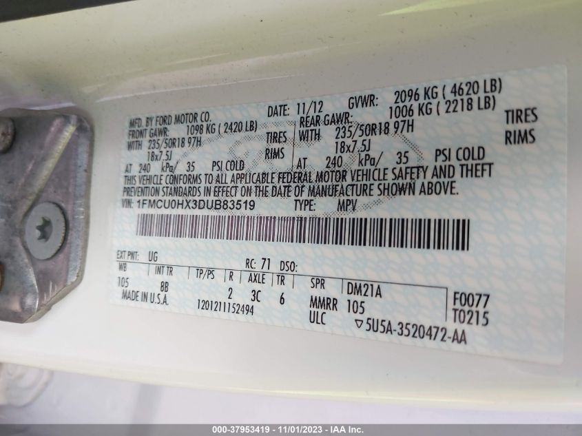 2013 FORD ESCAPE SEL - 1FMCU0HX3DUB83519