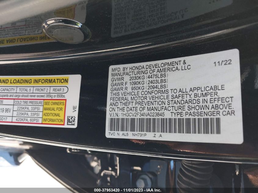 2022 HONDA ACCORD SPORT 2.0T - 1HGCV2F34NA023845
