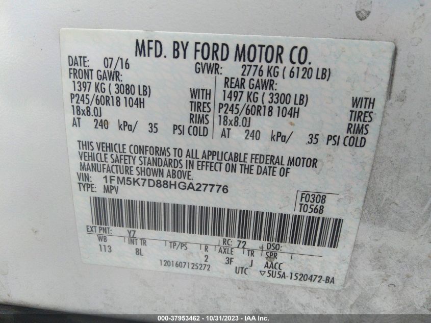 2017 FORD EXPLORER XLT - 1FM5K7D88HGA27776