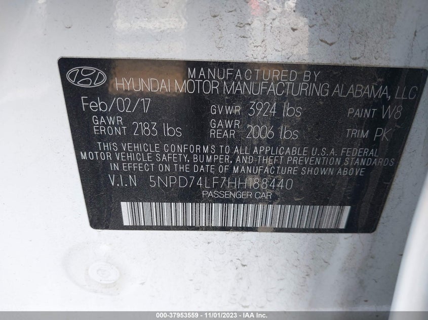 VIN 5NPD74LF7HH188440 2017 HYUNDAI ELANTRA SE