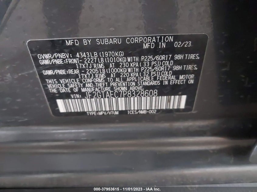 VIN JF2GTAEC7P8328608 2023 SUBARU CROSSTREK PREMIUM
