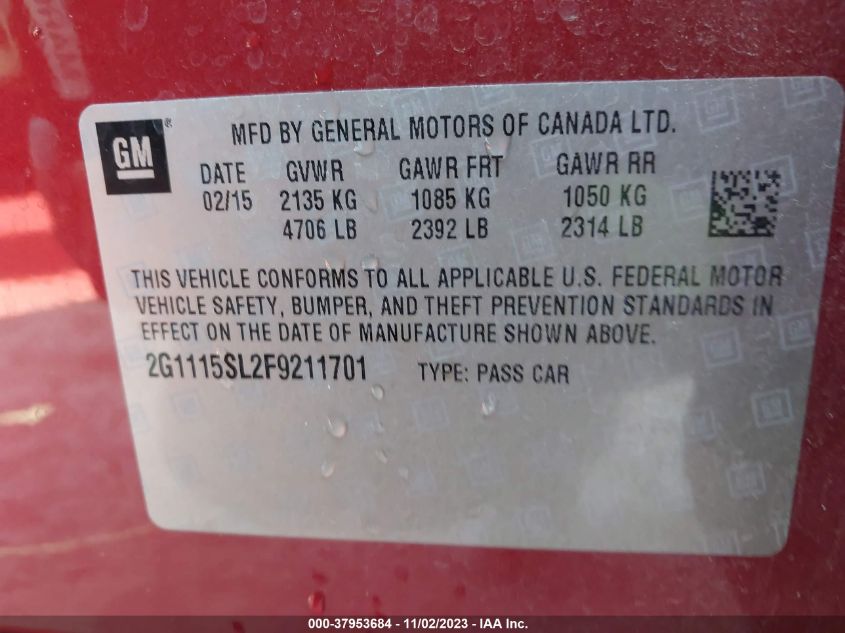 2015 CHEVROLET IMPALA LT - 2G1115SL2F9211701