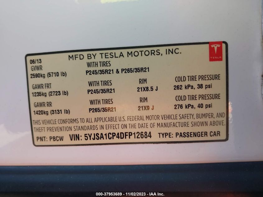 2013 TESLA MODEL S - 5YJSA1CP4DFP12684