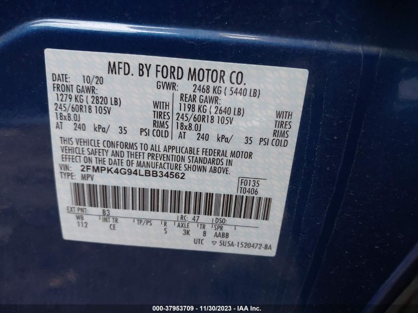 2FMPK4G94LBB34562 2020 FORD EDGE, photo no. 9