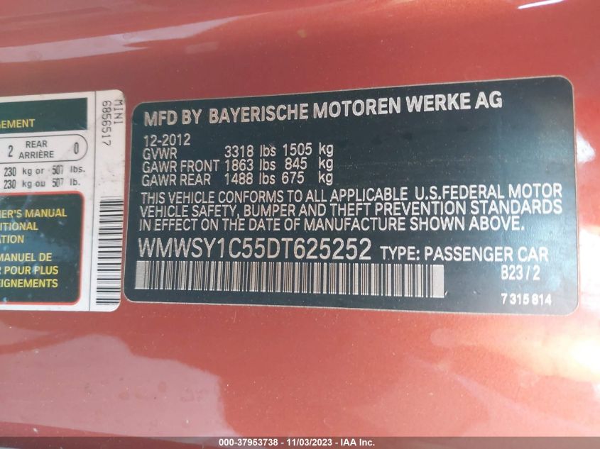 2013 MINI ROADSTER COOPER WMWSY1C55DT625252