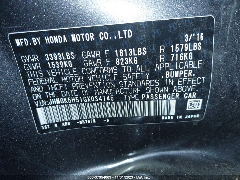 2016 HONDA FIT LX - JHMGK5H51GX034745