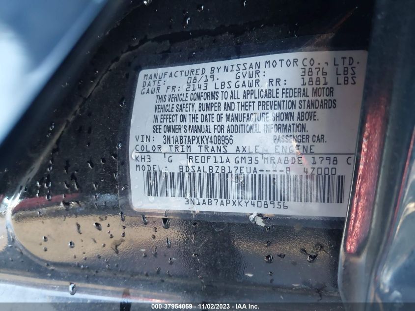 2019 NISSAN SENTRA S/SV/SR/SL - 3N1AB7APXKY408956