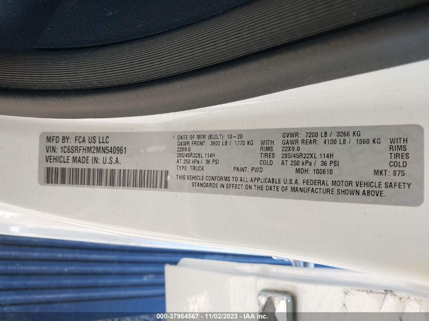 2021 RAM 1500 LIMITED  4X4 5'7" BOX - 1C6SRFHM2MN540961