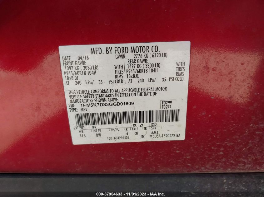 2016 FORD EXPLORER XLT - 1FM5K7D83GGD01609