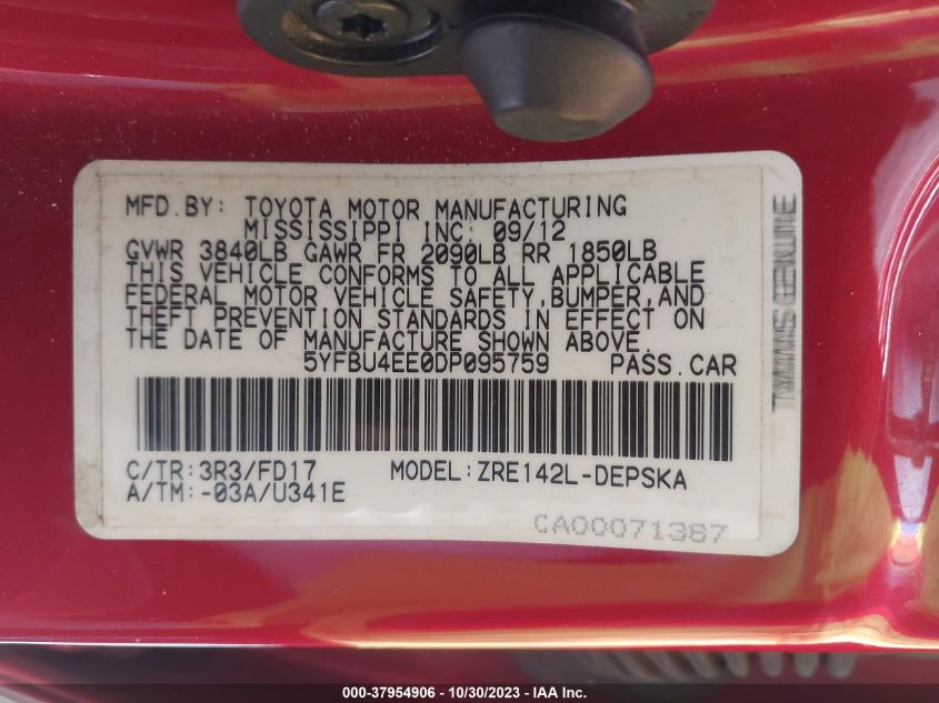 2013 TOYOTA COROLLA S/LE - 5YFBU4EE0DP095759