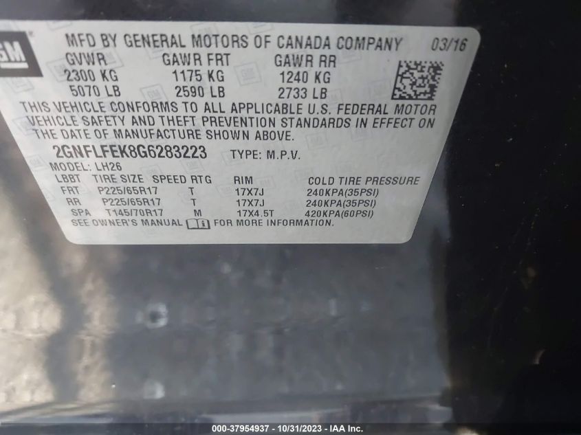 2016 CHEVROLET EQUINOX LT - 2GNFLFEK8G6283223