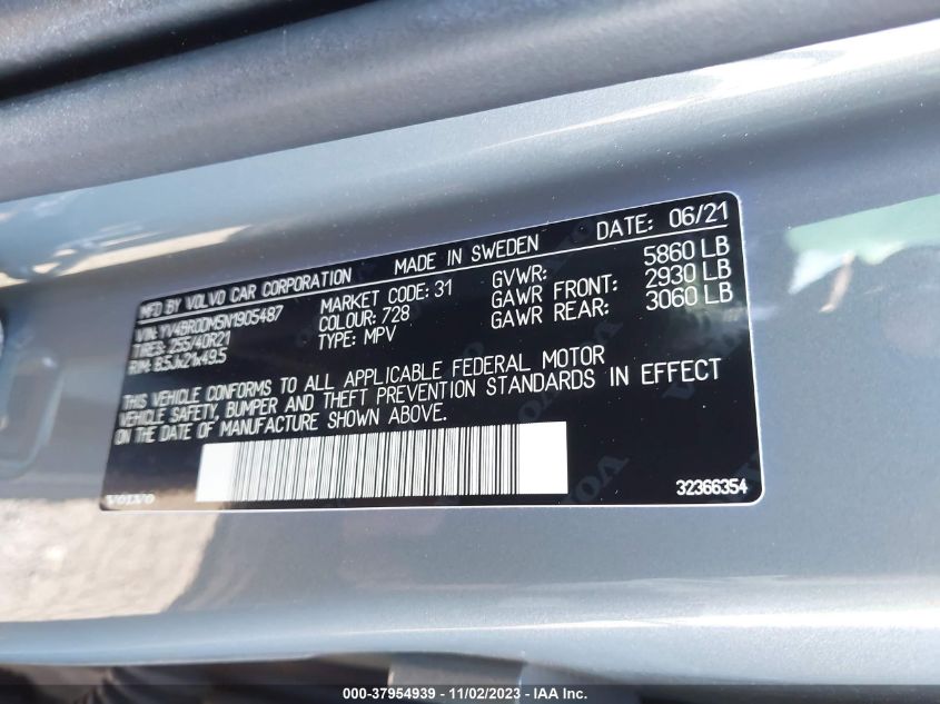 2022 VOLVO XC60 RECHARGE PLUG-IN HYBRID T8 R-DESIGN YV4BR0DM5N1905487