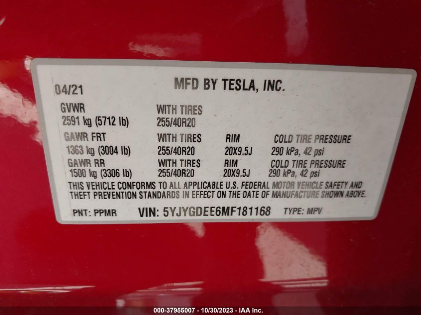 5YJYGDEE6MF181168 Tesla Model Y LONG RANGE DUAL MOTOR 9