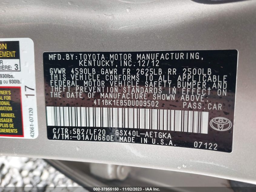 2013 TOYOTA AVALON XLE PREMIUM - 4T1BK1EB5DU009502