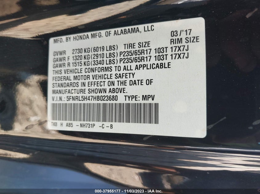 VIN 5FNRL5H47HB023680 2017 HONDA ODYSSEY EX