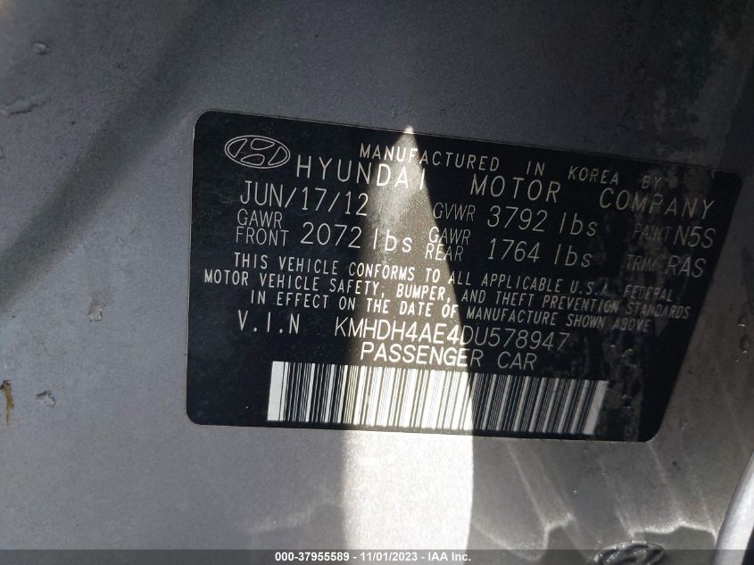 2013 HYUNDAI ELANTRA GLS PZEV - KMHDH4AE4DU578947