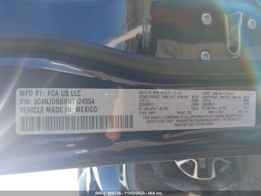 VIN 3C4NJDBBXNT124554 2022 JEEP COMPASS LATITUDE