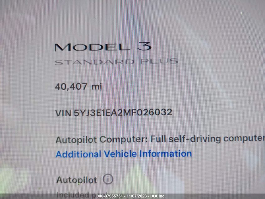 2021 TESLA MODEL 3 STANDARD RANGE PLUS - 5YJ3E1EA2MF026032