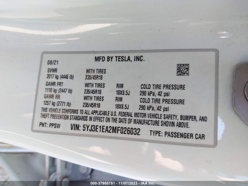 2021 TESLA MODEL 3 STANDARD RANGE PLUS - 5YJ3E1EA2MF026032