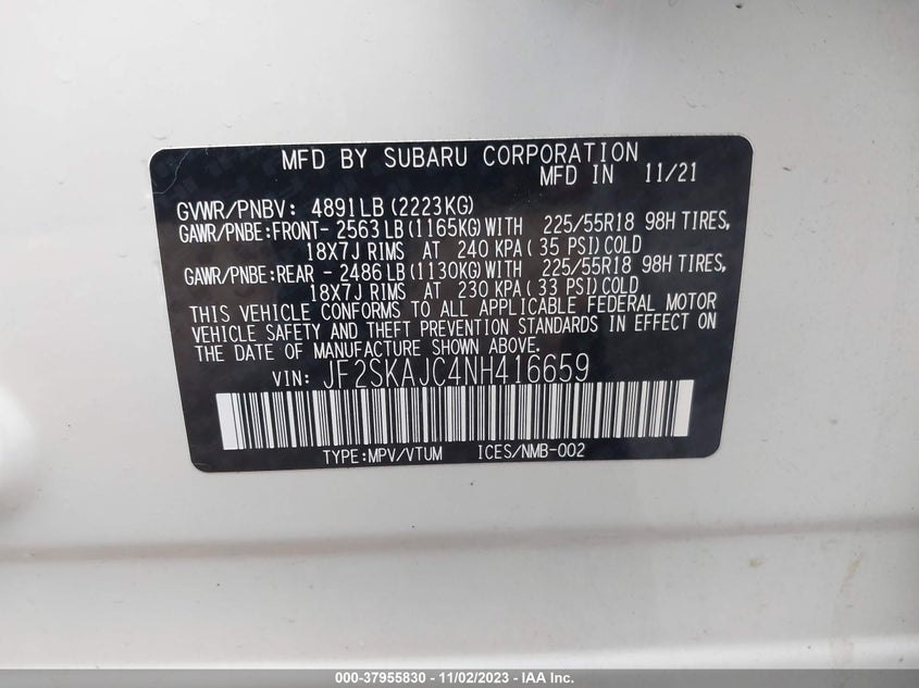 VIN JF2SKAJC4NH416659 2022 SUBARU FORESTER SPORT