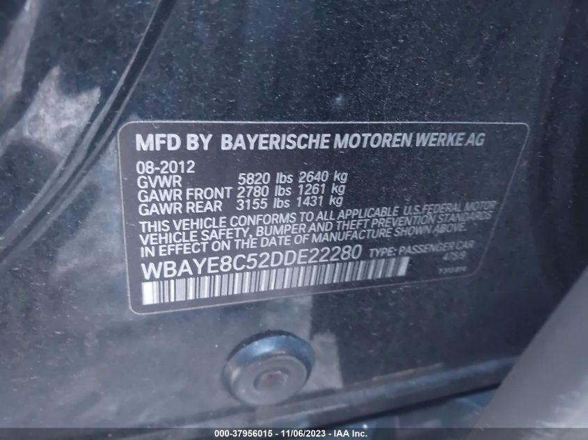 2013 BMW 7 SERIES 750LI WBAYE8C52DDE22280