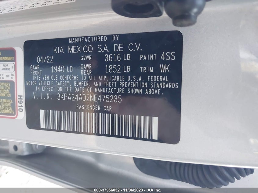 VIN 3KPA24AD2NE475235 2022 KIA RIO LX
