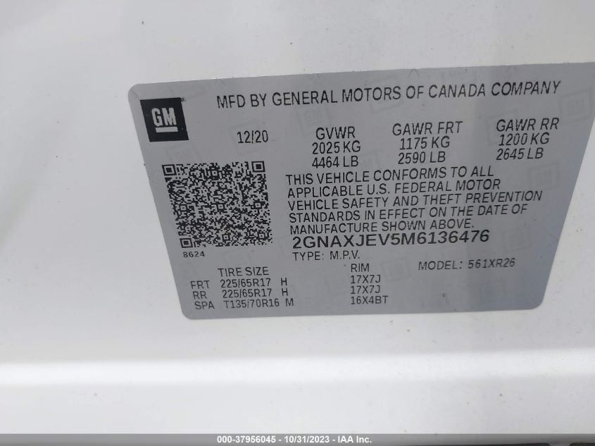 2021 CHEVROLET EQUINOX FWD 2FL - 2GNAXJEV5M6136476