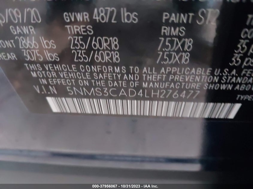 VIN 5NMS3CAD4LH276477 2020 HYUNDAI SANTA FE SEL/SEL PLUS