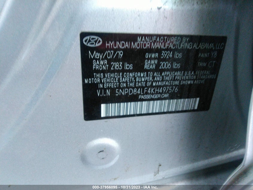 VIN 5NPD84LF4KH497576 2019 HYUNDAI ELANTRA SEL/VALUE/LIMITED