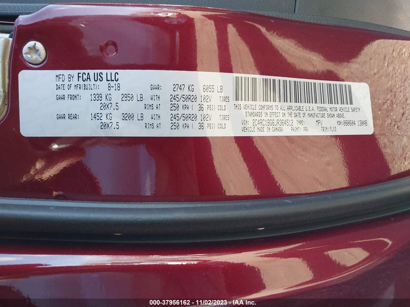 VIN 2C4RC1BG6JR364512 2018 CHRYSLER PACIFICA TOURING L