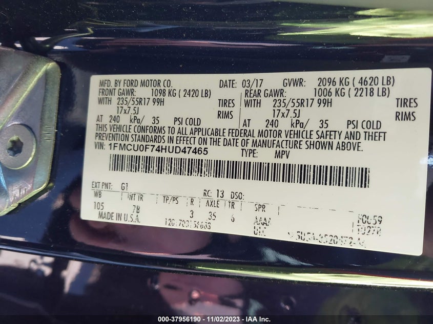 VIN 1FMCU0F74HUD47465 2017 FORD ESCAPE S