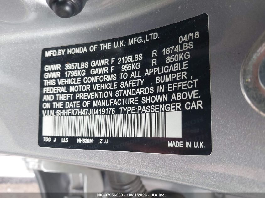 2018 HONDA CIVIC SPORT SHHFK7H47JU419176