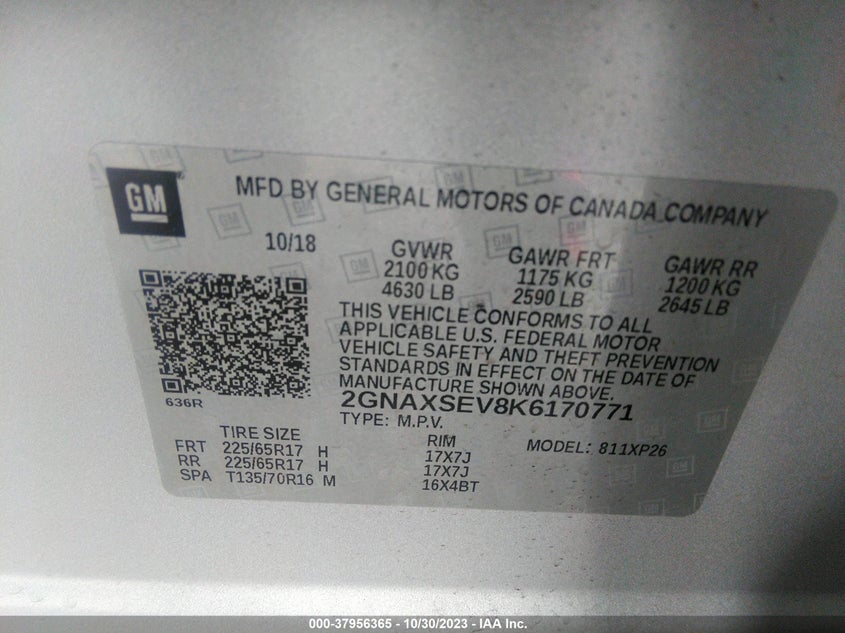 VIN 2GNAXSEV8K6170771 2019 CHEVROLET EQUINOX LS