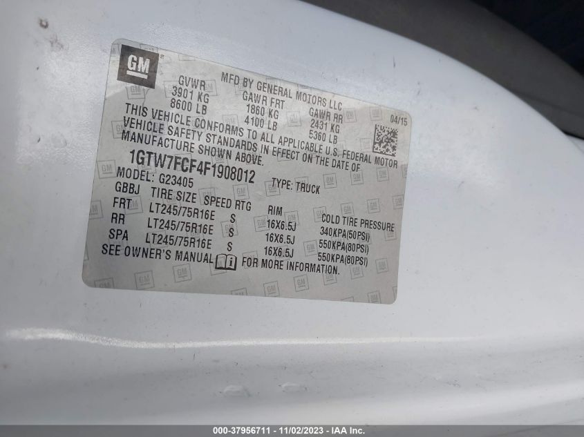 2015 GMC SAVANA CARGO VAN 1GTW7FCF4F1908012