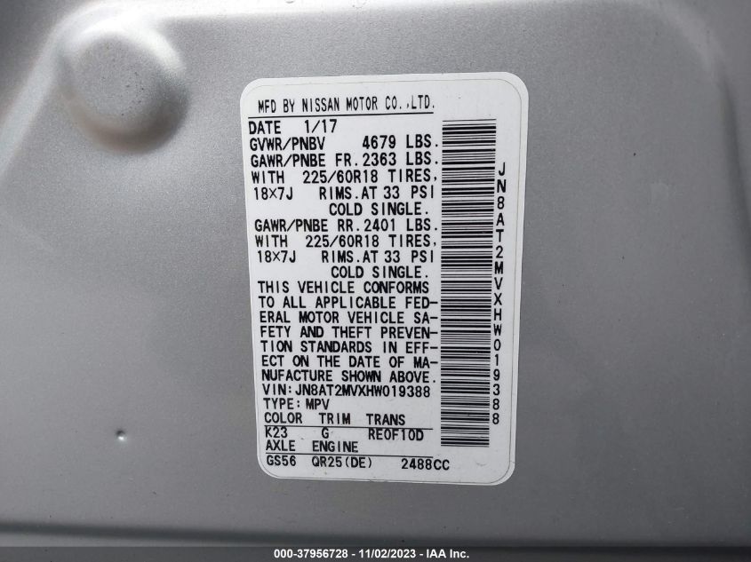 2017 NISSAN ROGUE SL - JN8AT2MVXHW019388