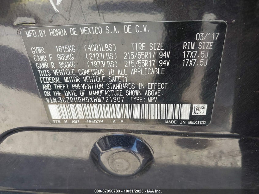 VIN 3CZRU5H5XHM721907 2017 HONDA HR-V EX