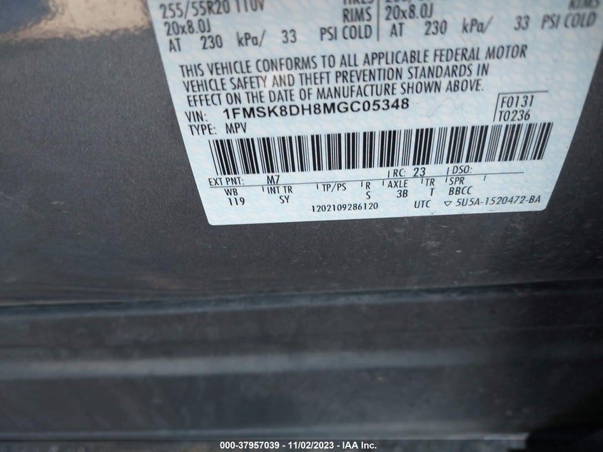 VIN 1FMSK8DH8MGC05348 2021 FORD EXPLORER XLT