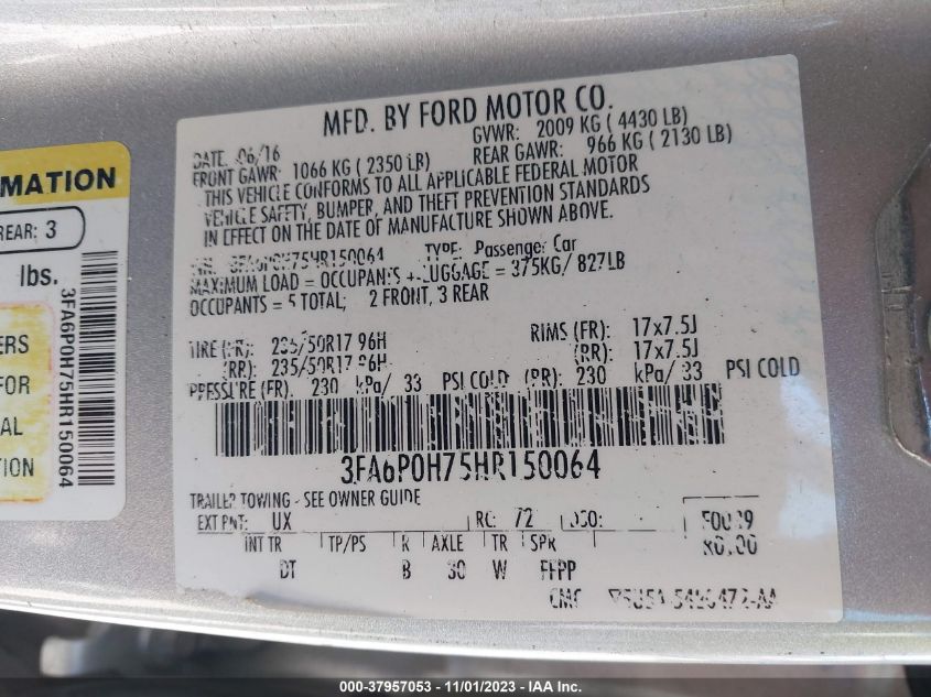 2017 FORD FUSION SE - 3FA6P0H75HR150064